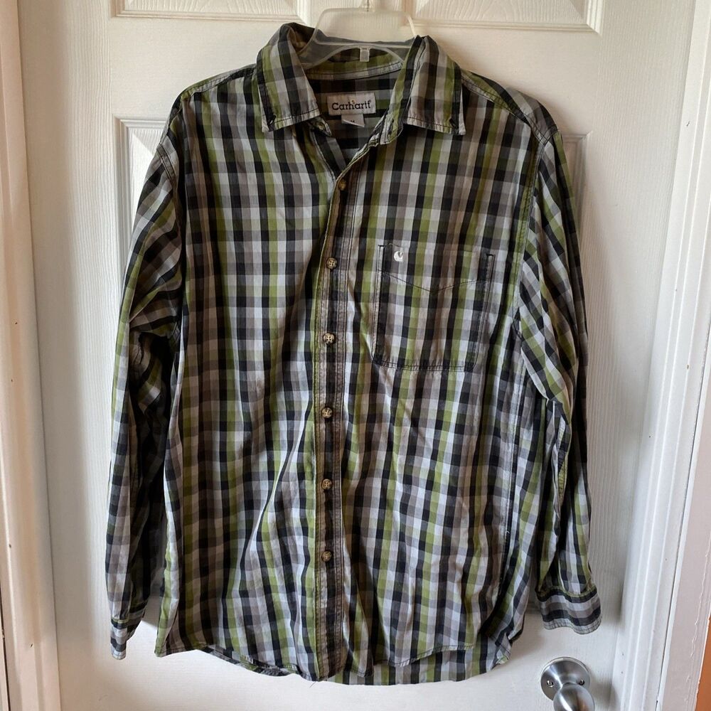 Men’s Carhartt Olive Black Check Long Sleeve Button Up Shirt Size Medium Light